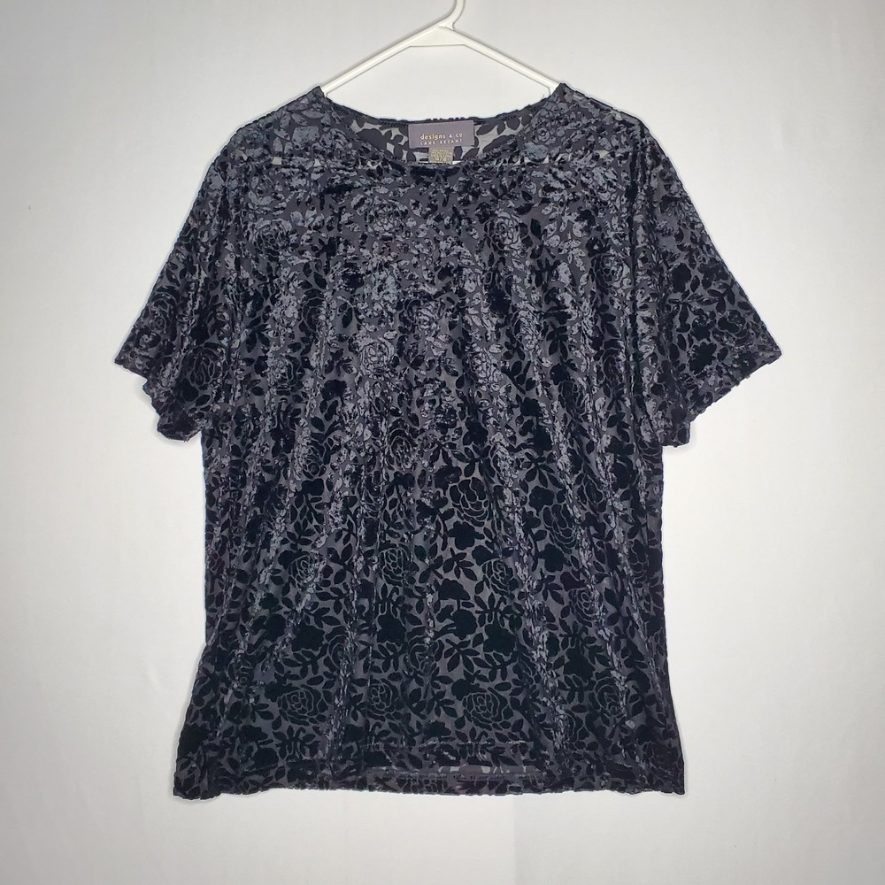90s Vtg Lane Bryant Burnout Velvet Top Women 14/16 Black Rose Sheer Short Sleeve